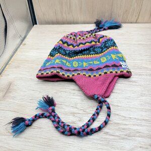 VTG Murray Merkley Wool Hat Knit Blue Pink Blue Beanie Cap Ear Flap Tassel